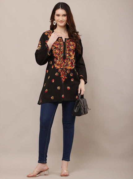 Women Floral Embroidered Black Short Kurti
