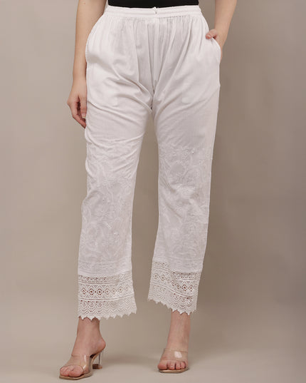 Embroidered Lace Hem Straight Pants for Women