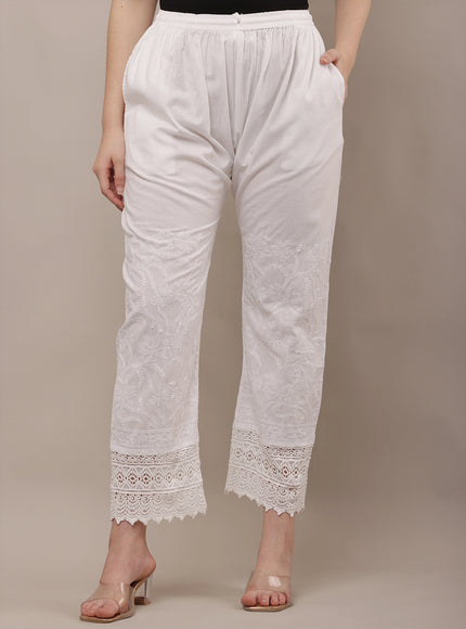 Embroidered Lace Hem Straight Pants for Women