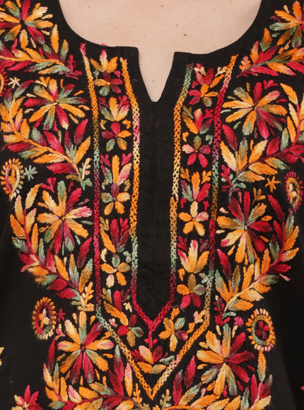 Women Floral Embroidered Black Short Kurti