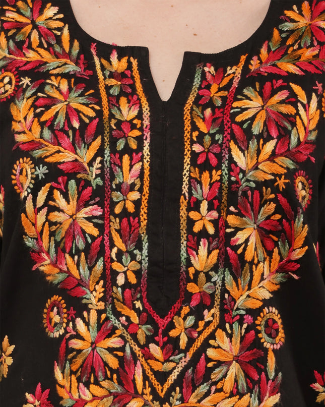 Women Floral Embroidered Black Short Kurti