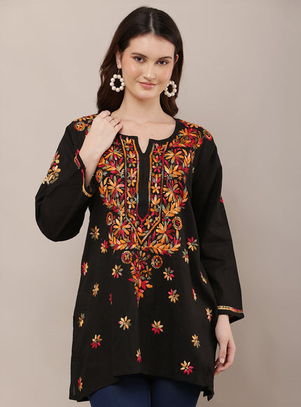 Women Floral Embroidered Black Short Kurti