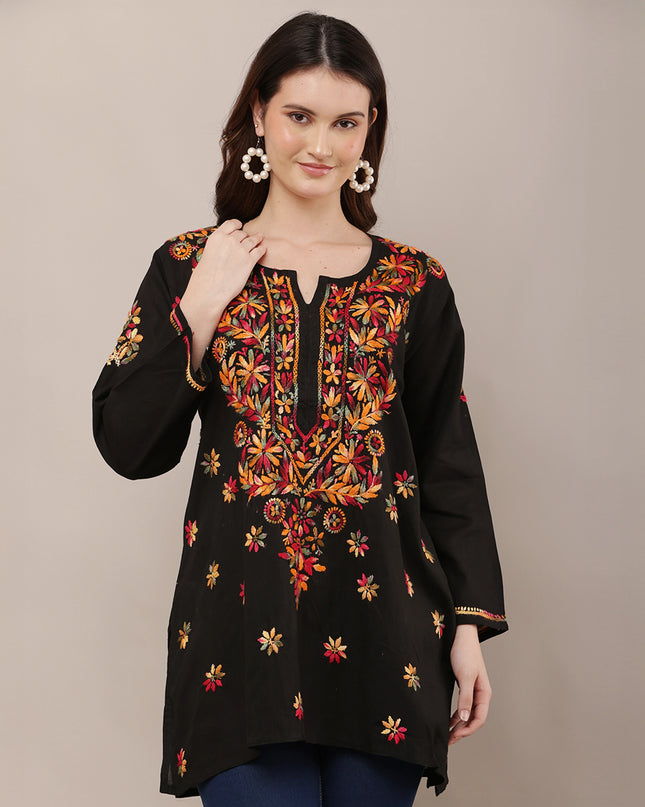 Women Floral Embroidered Black Short Kurti