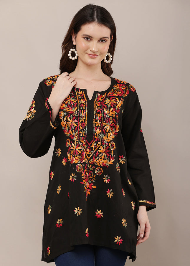 Women Floral Embroidered Black Short Kurti