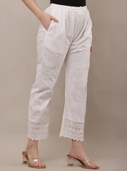 Embroidered Lace Hem Straight Pants for Women