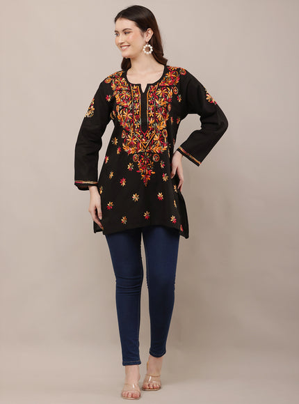 Women Floral Embroidered Black Short Kurti