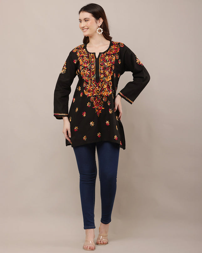Women Floral Embroidered Black Short Kurti