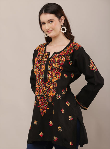 Women Floral Embroidered Black Short Kurti