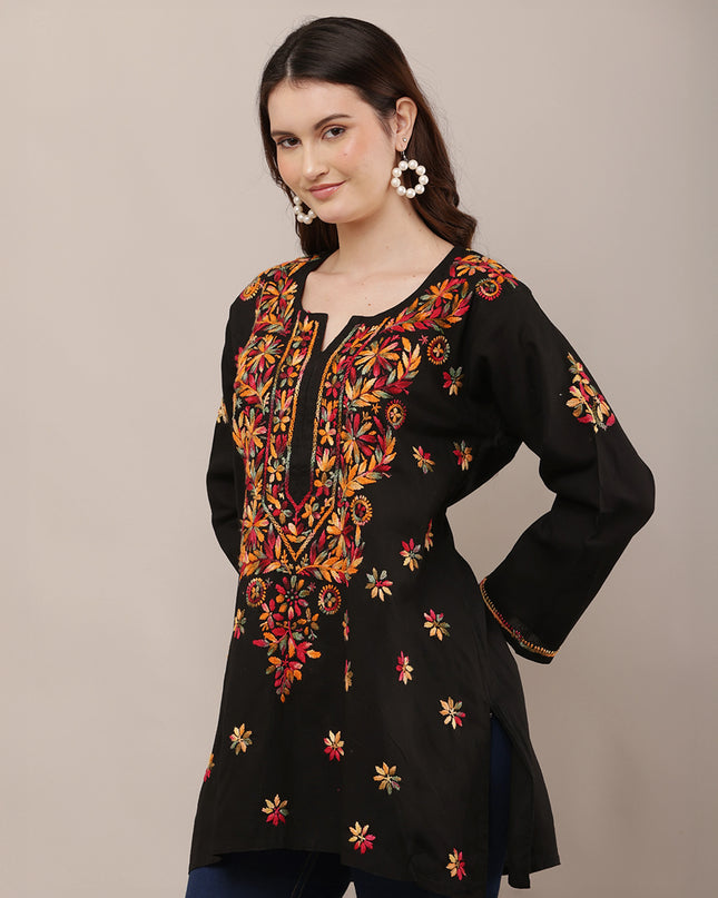 Women Floral Embroidered Black Short Kurti