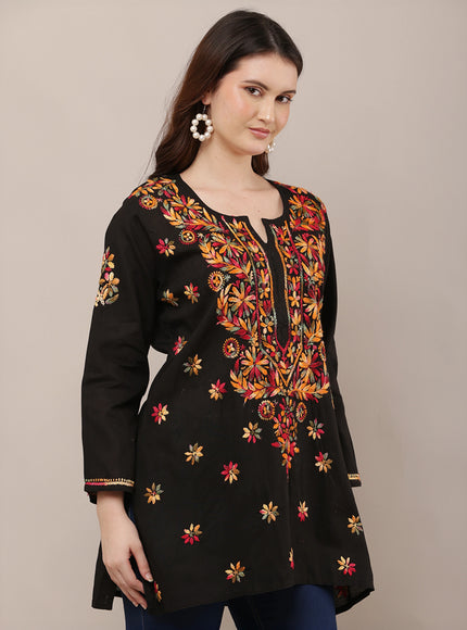 Women Floral Embroidered Black Short Kurti