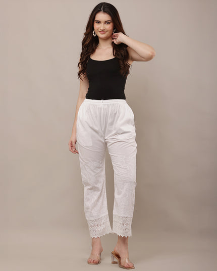 Embroidered Lace Hem Straight Pants for Women