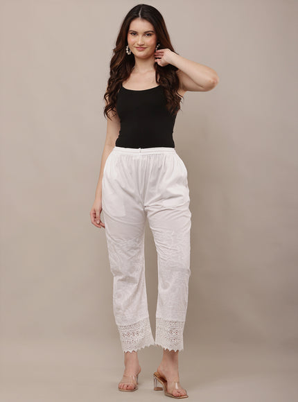 Embroidered Lace Hem Straight Pants for Women
