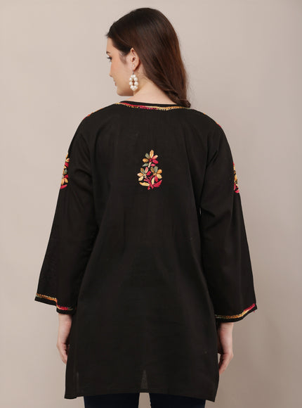 Women Floral Embroidered Black Short Kurti