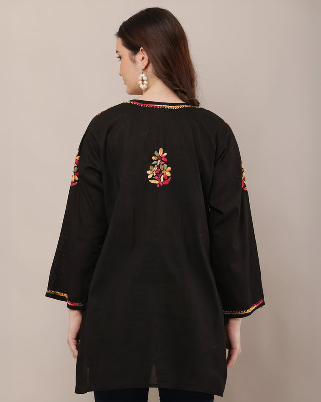 Women Floral Embroidered Black Short Kurti