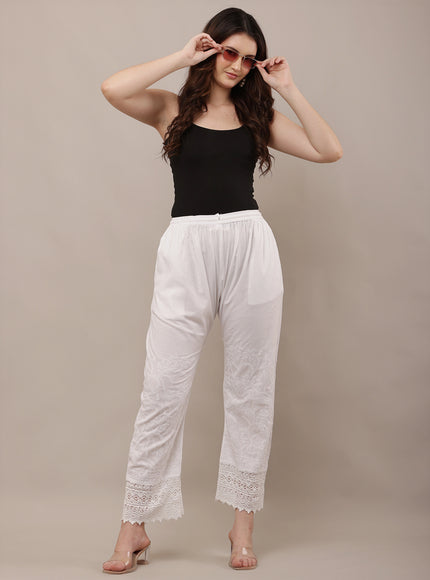 Embroidered Lace Hem Straight Pants for Women