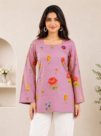 Botanical Printed Square Neck Flared Sleeves Pure Cotton Kurti
