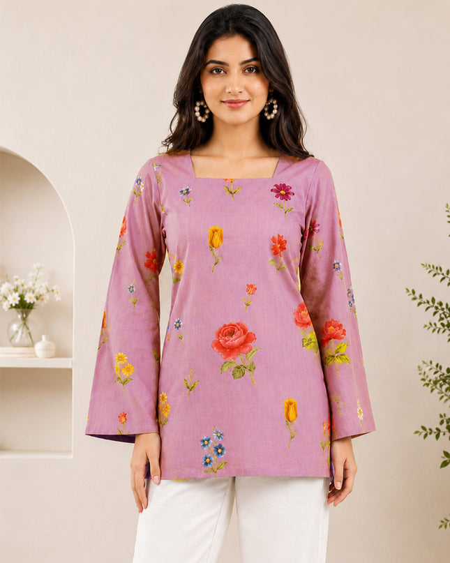 Botanical Printed Square Neck Flared Sleeves Pure Cotton Kurti