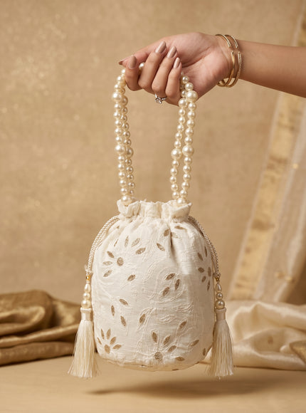 Elegant Pearl Handle Embroidered Potli Bag for Women | Ethnic Wedding & Party Clutch