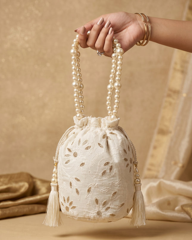 Elegant Pearl Handle Embroidered Potli Bag for Women | Ethnic Wedding & Party Clutch