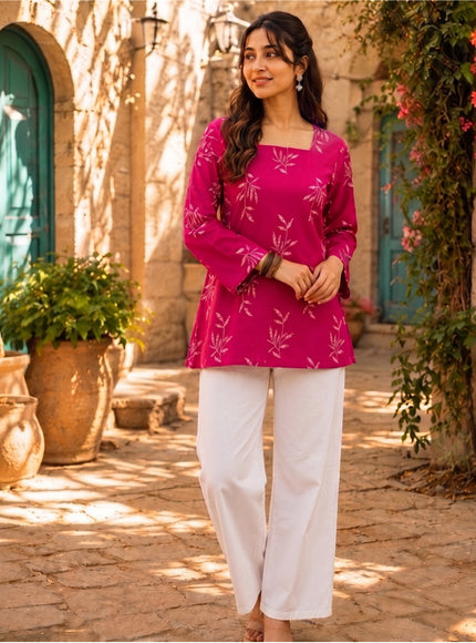 Botanical Printed Square Neck Flared Sleeves Pure Cotton Kurti