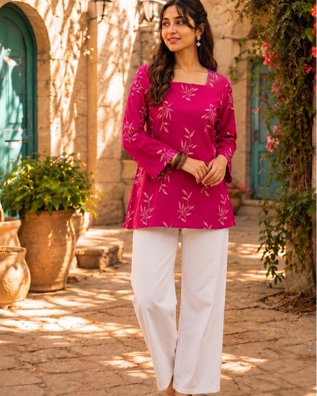 Botanical Printed Square Neck Flared Sleeves Pure Cotton Kurti