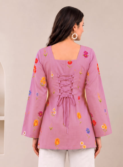 Botanical Printed Square Neck Flared Sleeves Pure Cotton Kurti