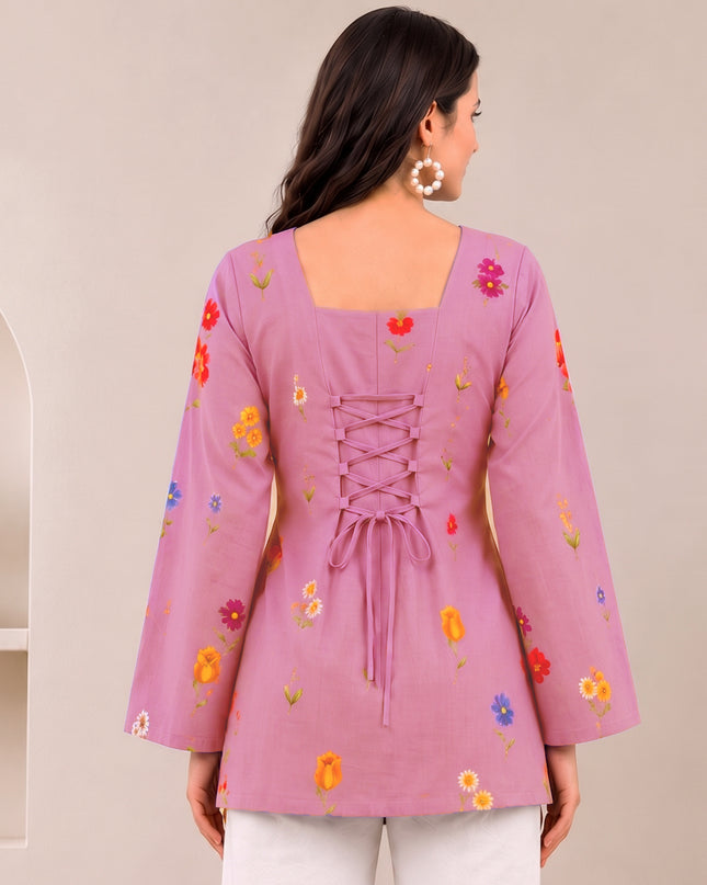 Botanical Printed Square Neck Flared Sleeves Pure Cotton Kurti