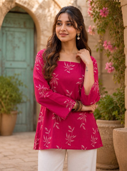 Botanical Printed Square Neck Flared Sleeves Pure Cotton Kurti