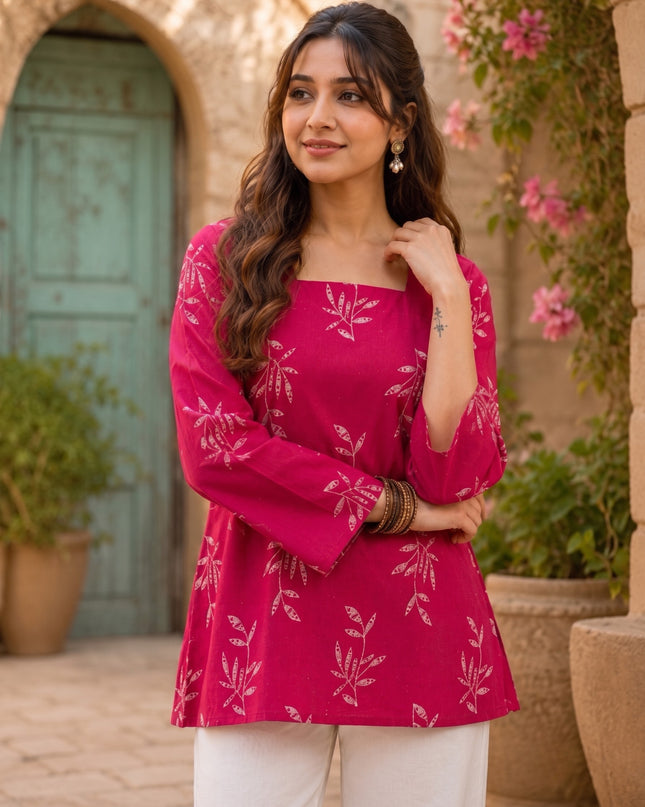 Botanical Printed Square Neck Flared Sleeves Pure Cotton Kurti