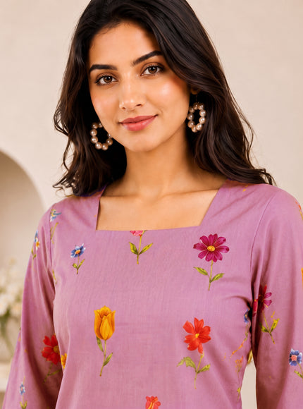 Botanical Printed Square Neck Flared Sleeves Pure Cotton Kurti