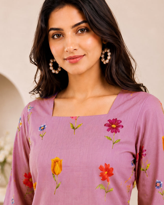 Botanical Printed Square Neck Flared Sleeves Pure Cotton Kurti