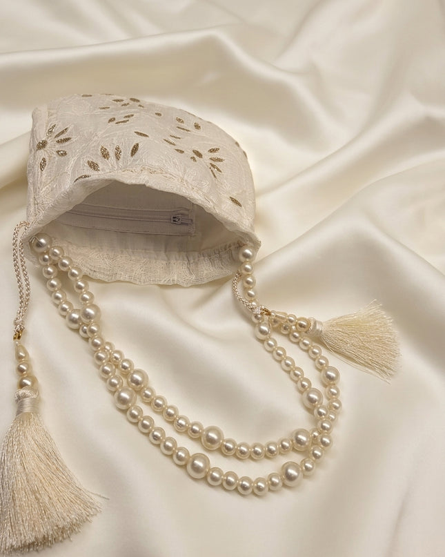 Elegant Pearl Handle Embroidered Potli Bag for Women | Ethnic Wedding & Party Clutch