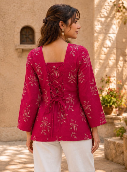 Botanical Printed Square Neck Flared Sleeves Pure Cotton Kurti