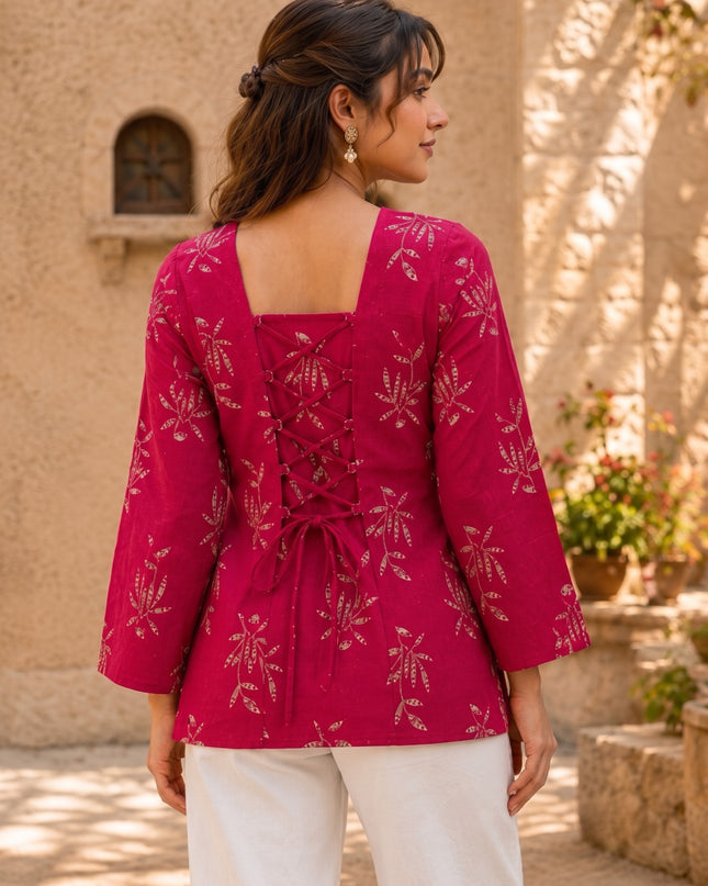 Botanical Printed Square Neck Flared Sleeves Pure Cotton Kurti