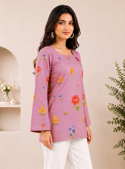 Botanical Printed Square Neck Flared Sleeves Pure Cotton Kurti