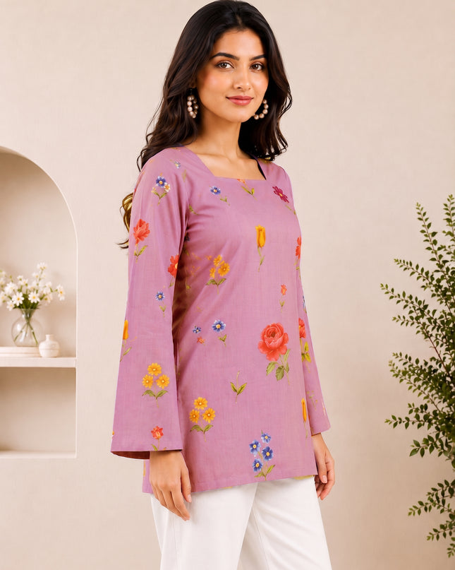 Botanical Printed Square Neck Flared Sleeves Pure Cotton Kurti
