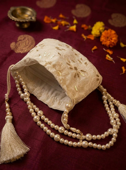 Elegant Pearl Handle Embroidered Potli Bag for Women | Ethnic Wedding & Party Clutch