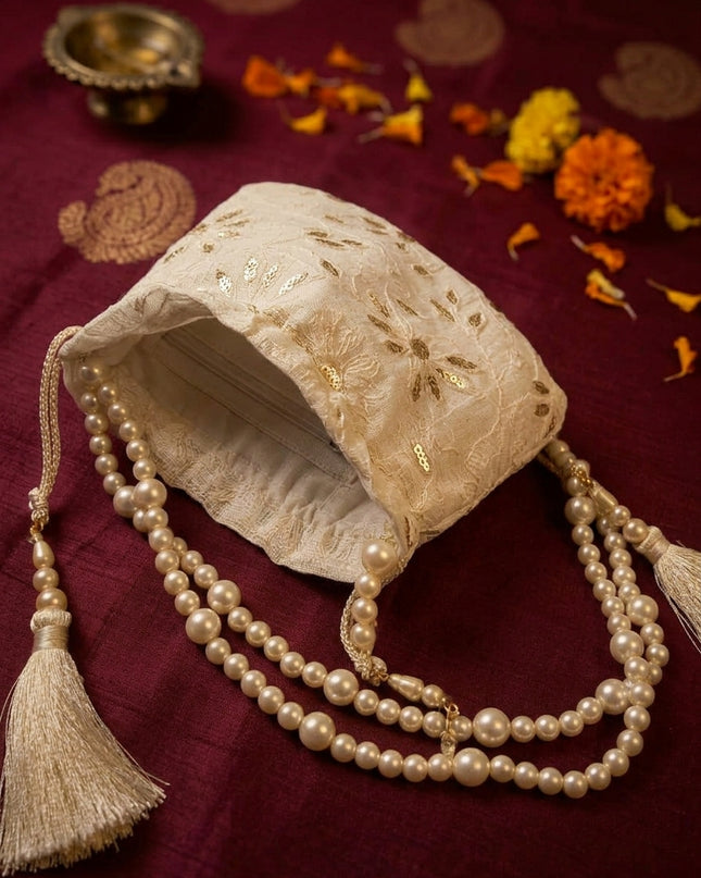 Elegant Pearl Handle Embroidered Potli Bag for Women | Ethnic Wedding & Party Clutch