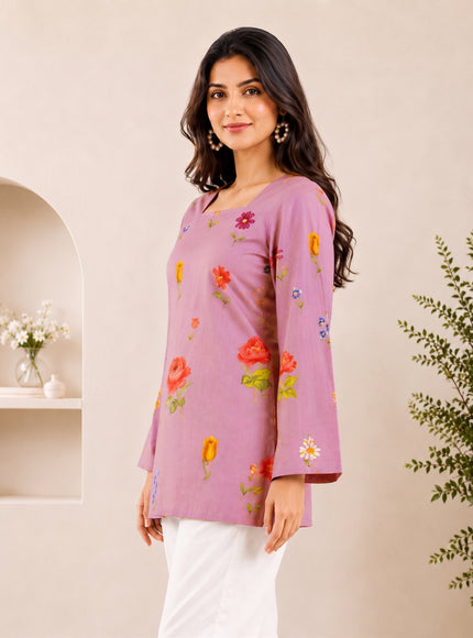 Botanical Printed Square Neck Flared Sleeves Pure Cotton Kurti
