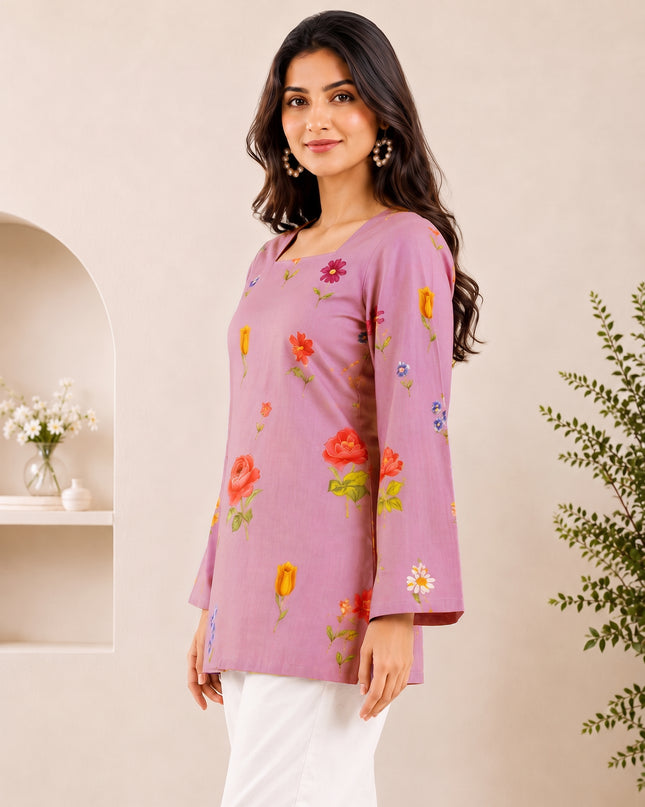 Botanical Printed Square Neck Flared Sleeves Pure Cotton Kurti