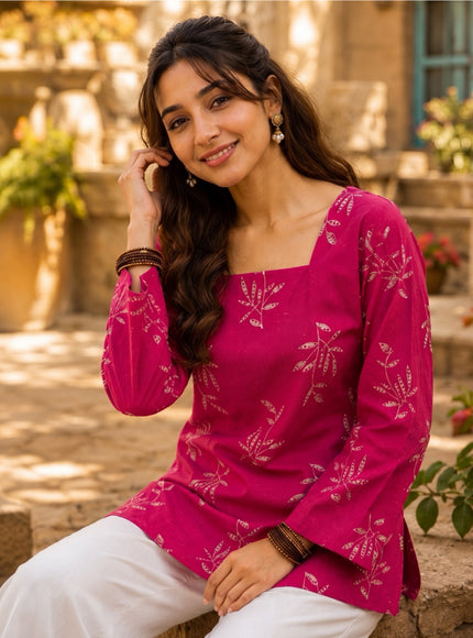 Botanical Printed Square Neck Flared Sleeves Pure Cotton Kurti