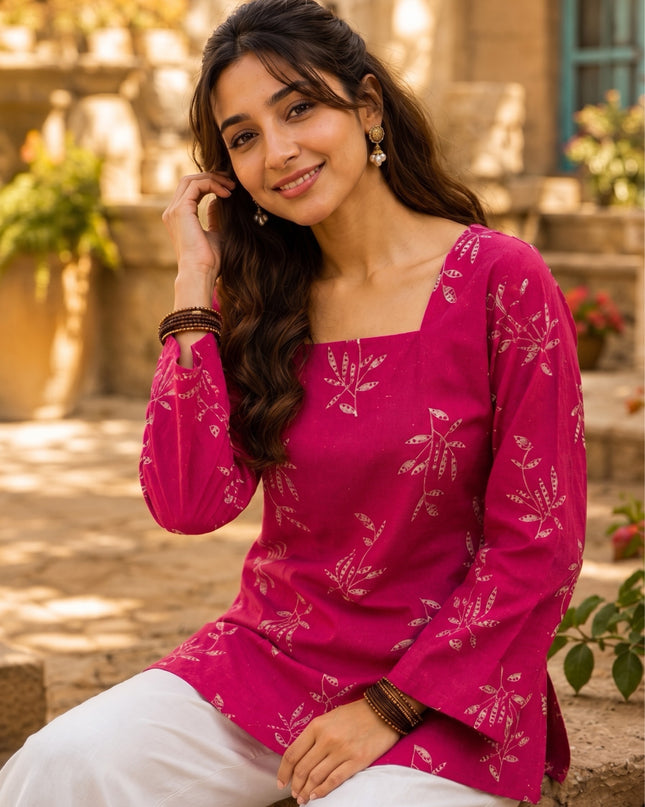 Botanical Printed Square Neck Flared Sleeves Pure Cotton Kurti