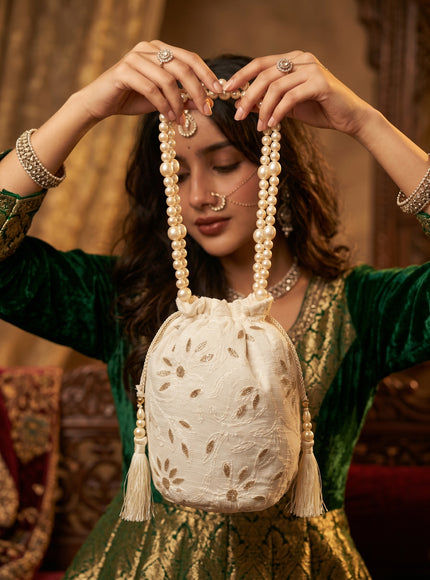 Elegant Pearl Handle Embroidered Potli Bag for Women | Ethnic Wedding & Party Clutch