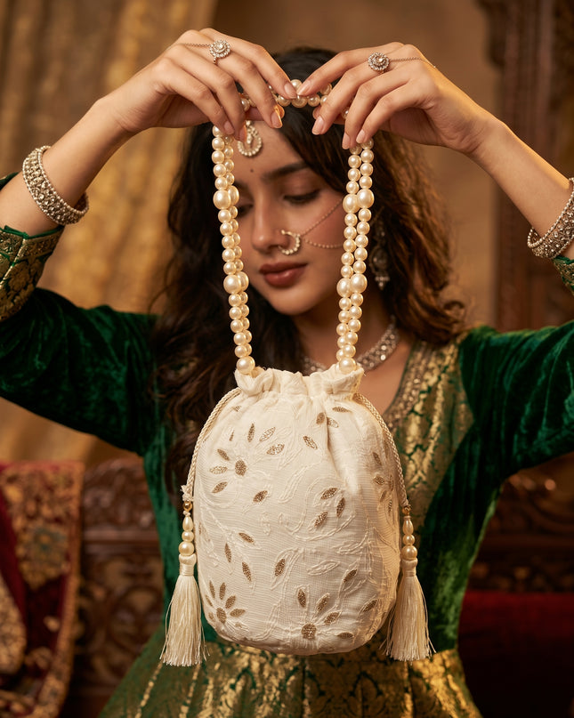 Elegant Pearl Handle Embroidered Potli Bag for Women | Ethnic Wedding & Party Clutch