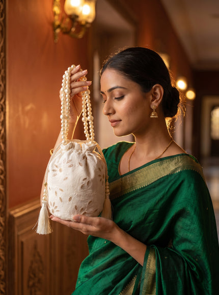 Elegant Pearl Handle Embroidered Potli Bag for Women | Ethnic Wedding & Party Clutch