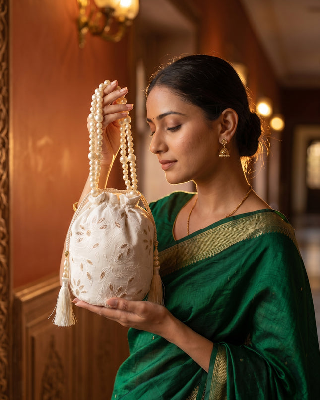 Elegant Pearl Handle Embroidered Potli Bag for Women | Ethnic Wedding & Party Clutch