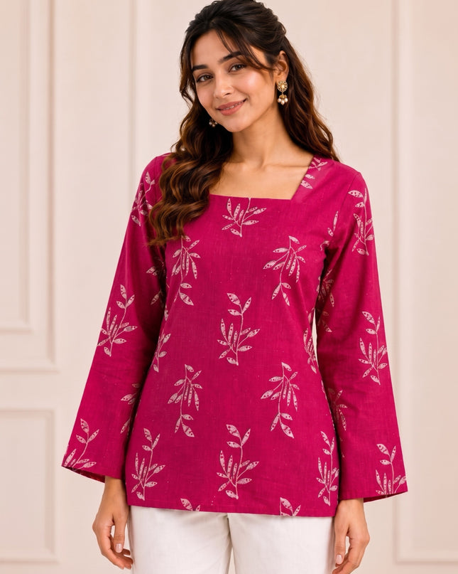 Botanical Printed Square Neck Flared Sleeves Pure Cotton Kurti