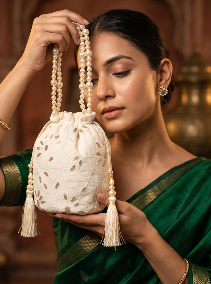 Elegant Pearl Handle Embroidered Potli Bag for Women | Ethnic Wedding & Party Clutch