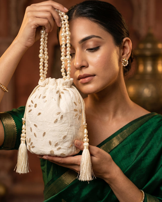 Elegant Pearl Handle Embroidered Potli Bag for Women | Ethnic Wedding & Party Clutch
