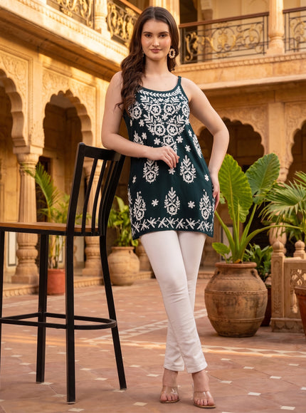 Chikankari Embroidered Spaghetti Strap Green Short Kurta